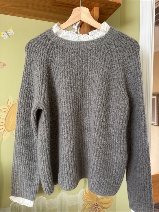 Only Sweaters - Gray Knit Crewneck Sweater with Lace Trim